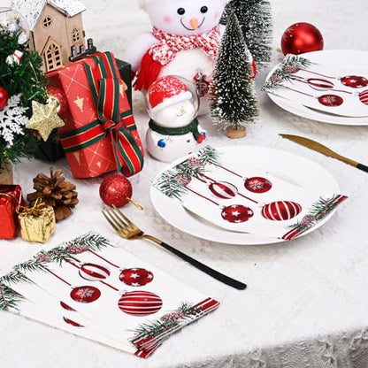 Christmas Disposable Paper Napkins with Pine Cone & Ornament Design - 100 Pack