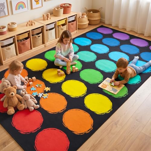 Large Classroom Rug 6.6x12.8 Ft Seats 32 Preschool & Kindergarten Carpet - Rainbow Circle Design