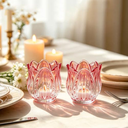 Pink Tulip Candle Holder Set - Decorative Glass Votive for Tealights
