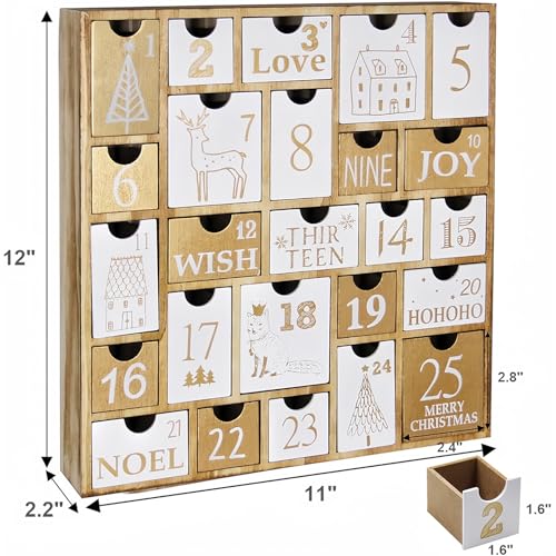 Wooden Advent Calendar with 25 Drawers - Refillable Christmas Countdown for Kids and Family