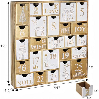Wooden Advent Calendar with 25 Drawers - Refillable Christmas Countdown for Kids and Family