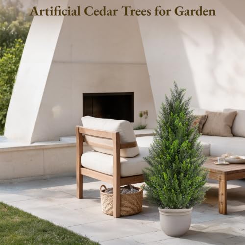 4FT Artificial Cedar Tree with Black Round Planter - UV Resistant Faux Evergreen for Indoor Outdoor