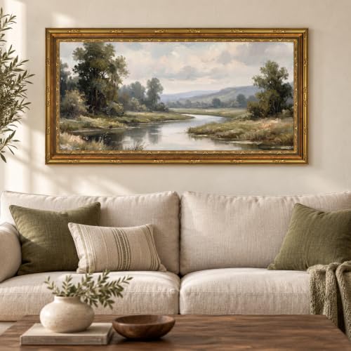 Large Framed Rustic River Landscape Wall Art - Vintage Countryside Scene, 20x40in - River / Framed / 20"L x 40"W