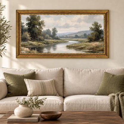Large Framed Rustic River Landscape Wall Art - Vintage Countryside Scene, 20x40in - River / Framed / 20"L x 40"W