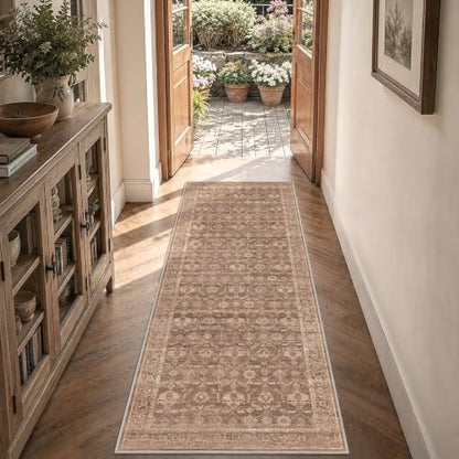 Mutated Terracotta 2'7" x 8' Vintage Floral Rug - Washable & Soft