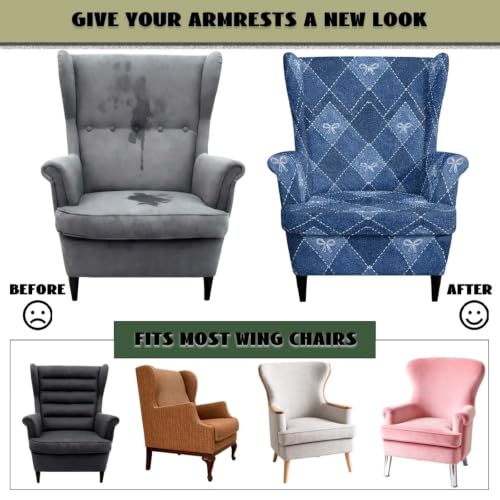 Blue Wingback Chair Slipcover Plaid Bow Pattern Durable Stretch Fit