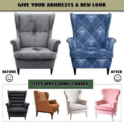 Blue Wingback Chair Slipcover Plaid Bow Pattern Durable Stretch Fit