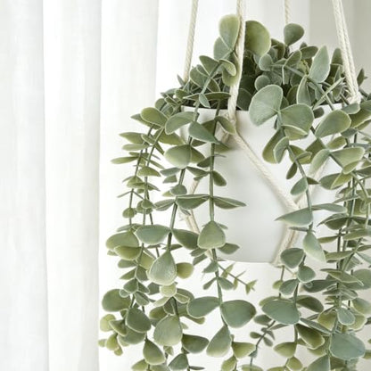 Ivory Fake Hanging Plant with Macrame Pot and Eucalyptus Vines - Durable Indoor Decor