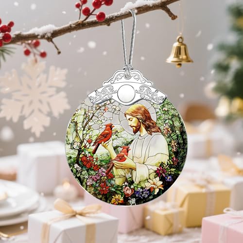 Jesus with Cardinals Religious Christmas Ornament - Christian Holiday Decor - Jesus Pattern D