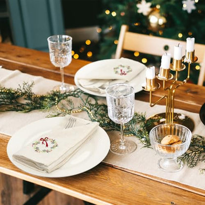 White Christmas Linen Napkins Set of 6 - Embroidered Wreath Holiday Table Decor