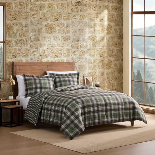 Queen Comforter Set with Shams Reversible Plaid Bedding Lakeshore Green
