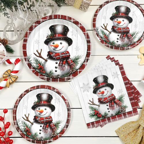 Homlouue Snowman Christmas Paper Plate and Napkin Set - 50 9-Inch Heavy Duty Disposable Dinner Plates for Holiday Party - Variation of Snowman