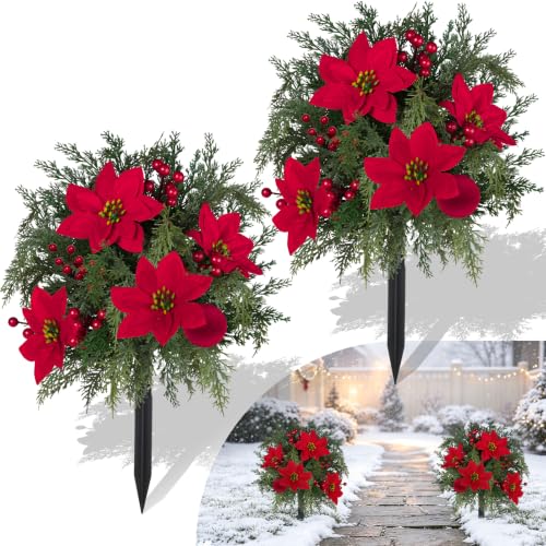Artificial Poinsettia Stake with Pine Berries - Red & Green 2 Pack for Christmas Decor