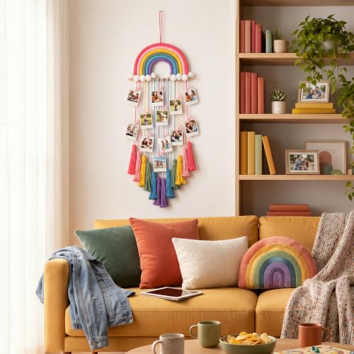Rainbow Macrame Photo Display with LED String Lights - Boho Wall Decor