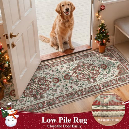 Christmas Hallway Runner Rug 2' x 8' Non Slip Red Floral Accent Rug