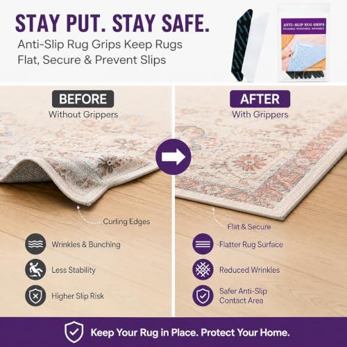 8 Pack Washable Rug Grip Tape - Reusable Double-Sided Carpet Non-Slip Tape for Hardwood & Tile Floors