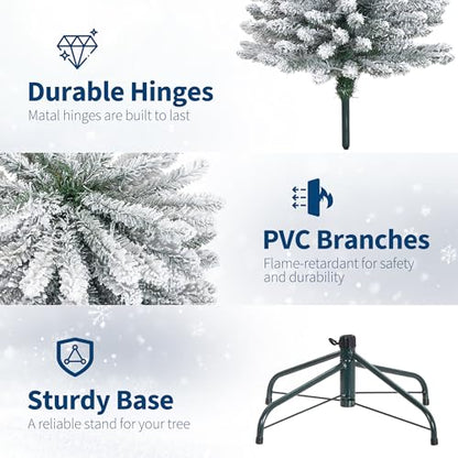 6ft Snow-Flocked Artificial Christmas Tree with Pre-Lit LED Lights - Pencil Shape, Hinged Branches, Metal Stand