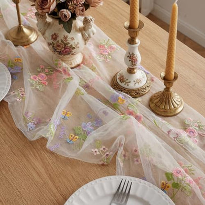 Ivory White Floral Table Runner 10ft Embroidery Tulle Wildflower - Variation of THIS listing 6