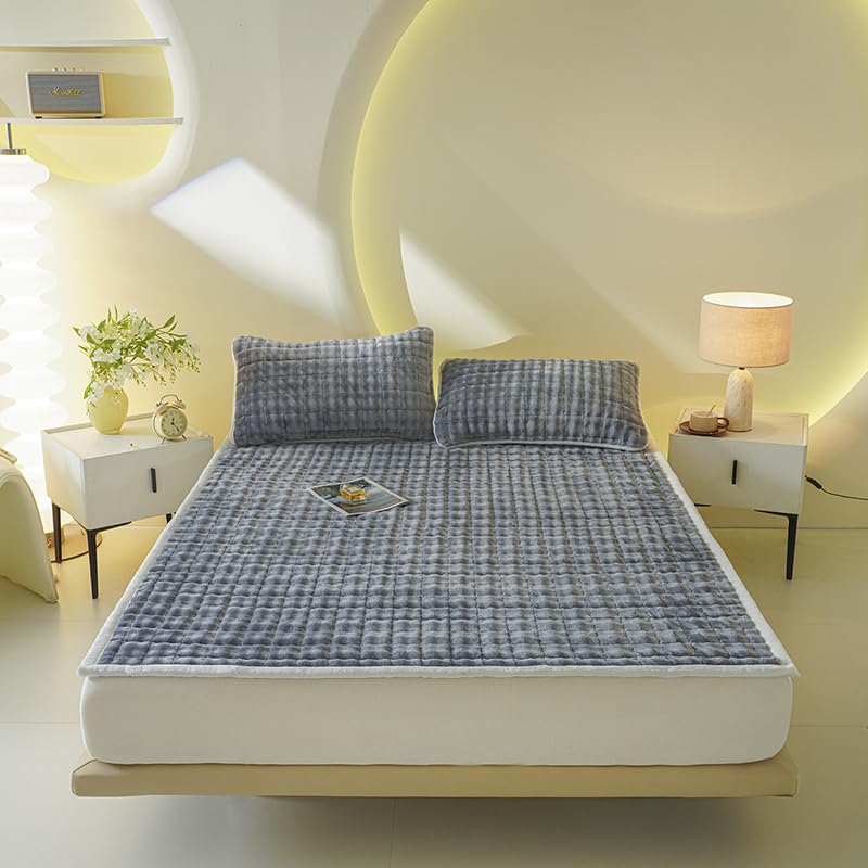 Light Gray Plush Mattress Pad with Pillowcase Set - Full Size Cloud-Like Topper