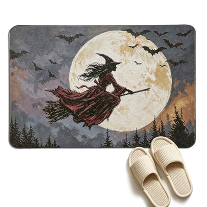 Purple Witch Bath Mat - Vintage Full Moon Bat Halloween Bathroom Rug
