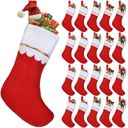 Christmas Stockings Bulk 20 Pack - Red with White Cuff & Gold Trim - Holiday Decorations
