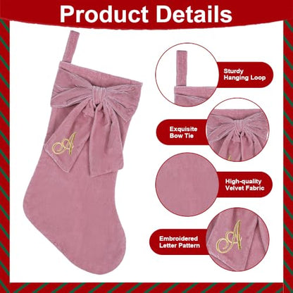 Pink Velvet Christmas Stockings with Elegant Bow - Personalized Monogram, 19 Inch, Family Holiday Decor (Variation: Pink / Letter A)