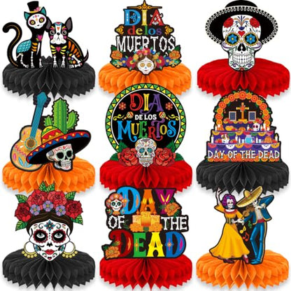 Day of The Dead Decorations 9 Pcs Colorful Honeycomb Table Centerpieces - Dia De Los Muertos