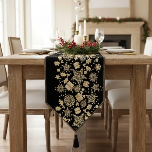 Christmas Table Runner Black & Gold Reindeer Decor 13x54 Inches