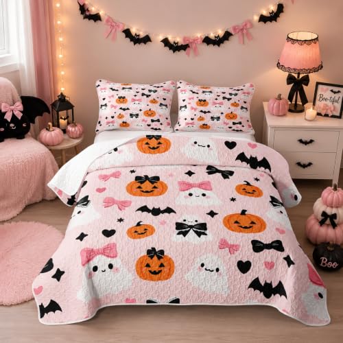 Feelyou Halloween Quilt Set Queen Size Blush Pink Orange - Cozy All-Season Bedding