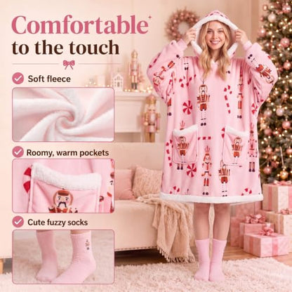 Berlune Pink Christmas Wearable Blanket Hoodies with Fuzzy Socks - Nutcracker Variant