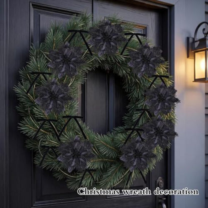 Black Poinsettia Artificial Flowers & Velvet Bows - Festive Xmas Decor - Blackbows