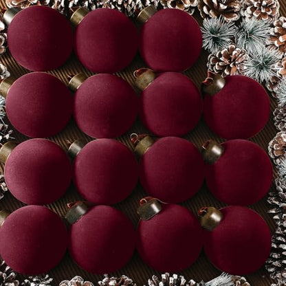 15 Pcs Velvet Christmas Balls - Burgundy Flocked Ornaments with Hanging Ropes, 3.15 Inch