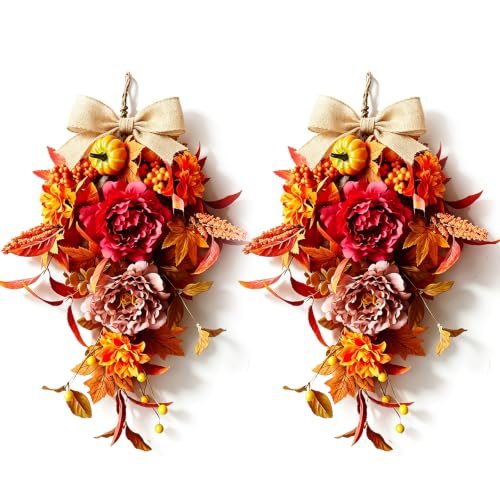 Fall Dahlia 2 Pack 21 Inch Teardrop Wreaths for Front Door Thanksgiving Decor