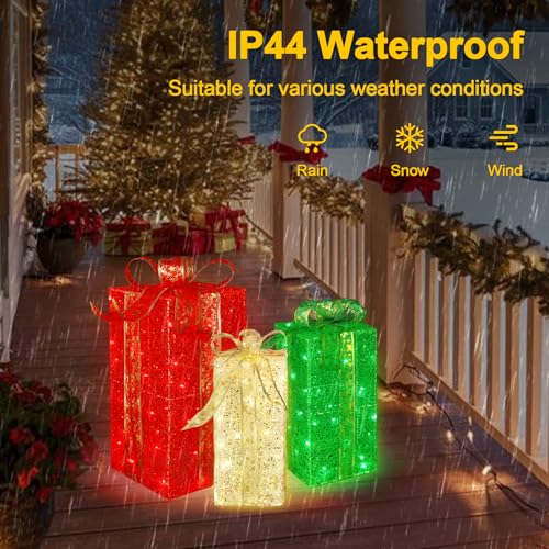 Christmas Lighted Gift Boxes Set of 3 - Warm Red Green Outdoor Decor with 16 Modes