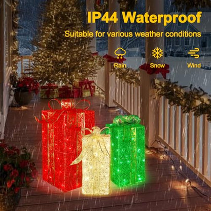 Christmas Lighted Gift Boxes Set of 3 - Warm Red Green Outdoor Decor with 16 Modes
