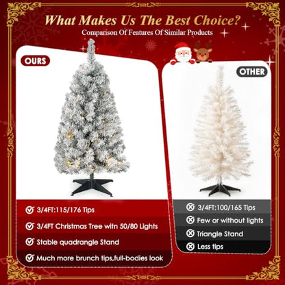 Okicoler 4ft Pre-Lit Flocked Artificial Christmas Tree with 80 LED Lights, 11 Modes, White Snow Finish