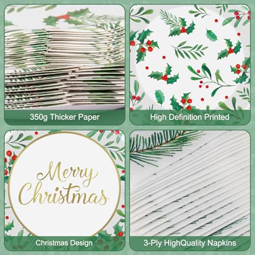 Christmas 96-Piece Disposable Tableware Set with Plates Napkins Forks - Holly Leaves Red Berries, Party Supplies, Variation: Christmas-96p