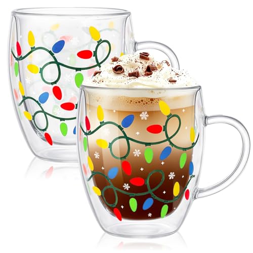 Colorful Xmas Light Bulb Double Wall Glass Coffee Mugs Set of 2 - 12Oz Holiday Drinkware