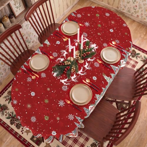 Red Oval Christmas Tablecloth 60 x 102 Inches Waterproof Holiday Decor - Variation of Christmas Red / 102" x 60" (Oval)