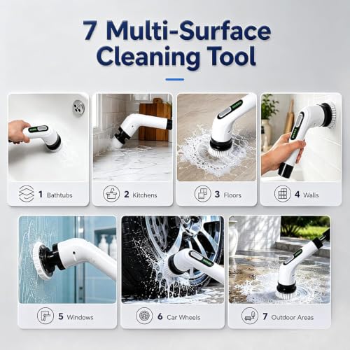 Highyes White Electric Spin Scrubber for Bathroom Cleaning with 7 Brush Heads & Extendable Handle