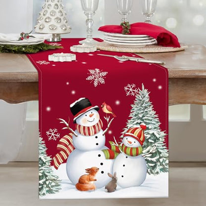 Red Snowman Christmas Table Runner 13x90 Inch Pine Trees Snowflakes Holiday Decor - Variation: Red Snowman-1