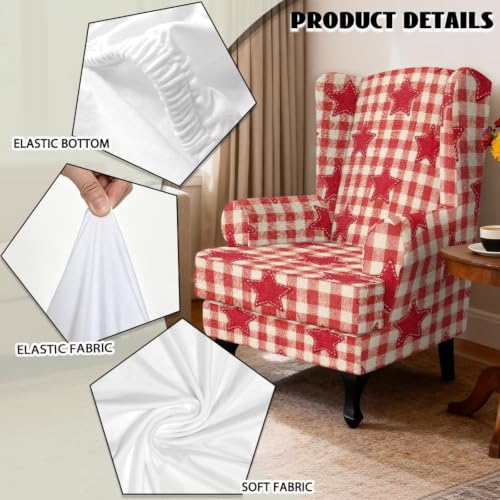 Red Wingback Chair Cover Slipcover 2-Piece Color Block Star Print - Non-Slip & Protects Furniture