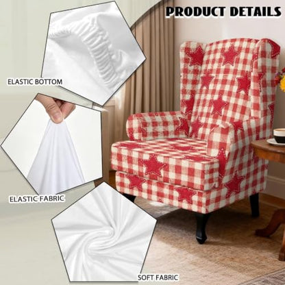 Red Wingback Chair Cover Slipcover 2-Piece Color Block Star Print - Non-Slip & Protects Furniture