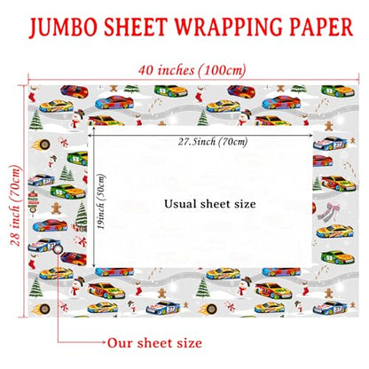 Race Car Christmas Wrapping Paper - White with Holiday Cars & Snowflakes - 4 Sheets, 28x40 Inches - Variation: White