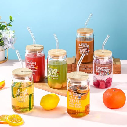6 Pcs Teacher Appreciation Glass Cups with Straws & Lids - Inspirational Gifts