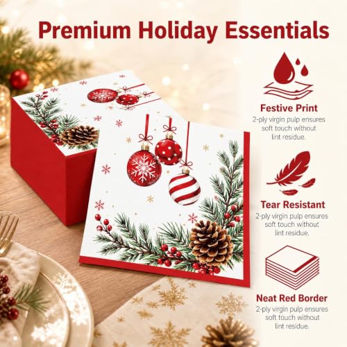 Christmas Paper Napkins 50 Pack - Festive Holiday Party Disposable Decor