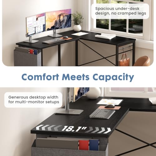 DUMOS L-Shaped Computer Desk with PC Stand - Reversible Corner Workstation, Black / 50-In