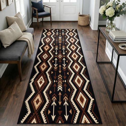 Boho Aztec Runner Rug 4x10 ft Southwestern Tribal Geometric Floor Mat - Black & Earth Tones