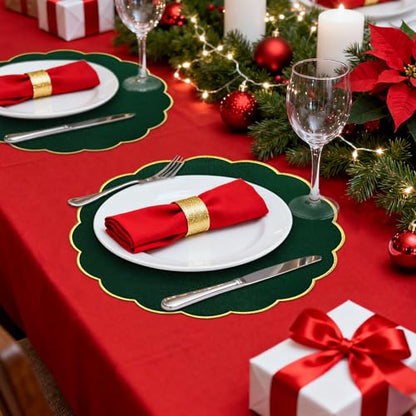 Green Christmas Velvet Placemats Set of 4 - Scalloped Round Table Decor, 14.5 Inch, Washable & Heat Resistant