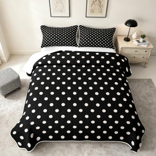 King Size Black White Polka Dot Quilt Set 3 Pieces Bedding with Pillowcases - Retro Geometric All Season Comfort